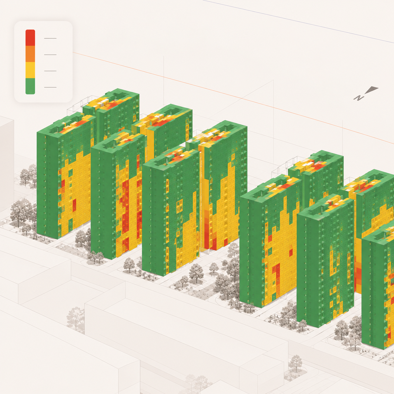 Mapa lumínico por pavimento com edifícios isométricos e escala de cores