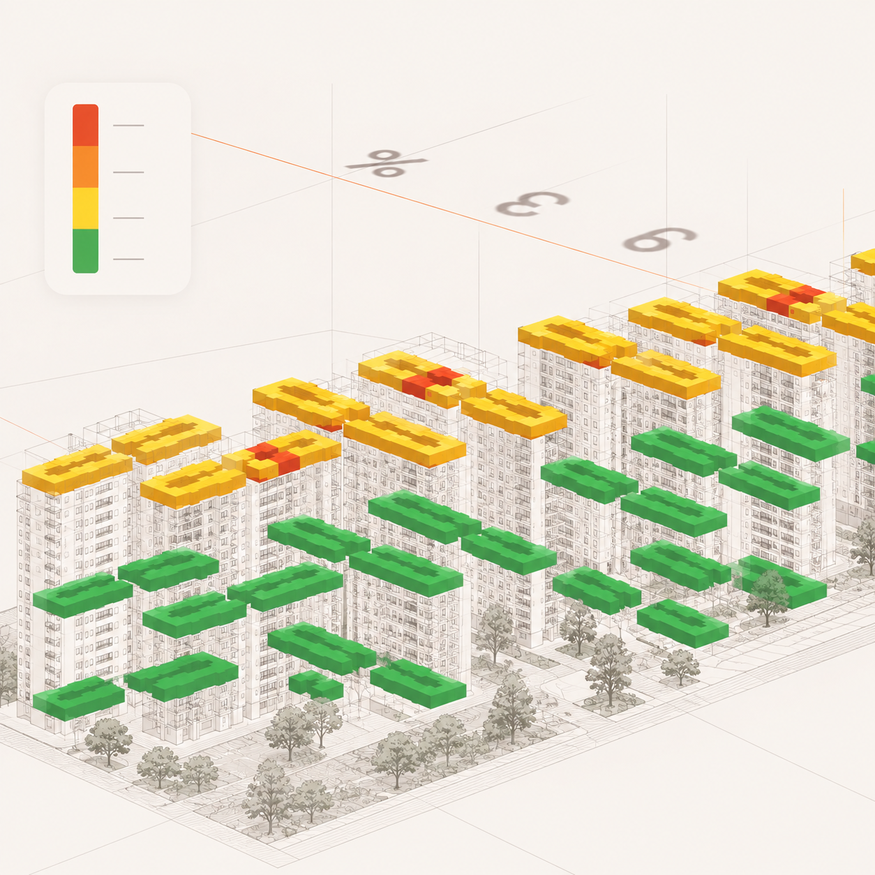 Modelo 3D do edifício com mapa de calor de desempenho por pavimento